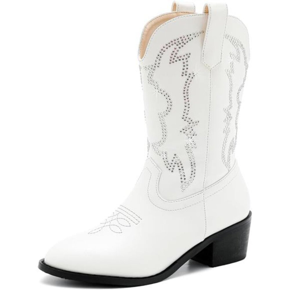 Girls Cowboy Boots Pull On Cowgirl Boots Pointed Toe Mid Calf Western Boots for
